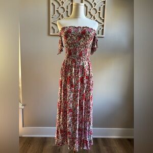 Lulus View from the Meadow Cream Floral Print Off-the-Shoulder Midi Dress